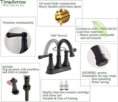 Matte Black Bathroom Sink Faucet for 3 Holes with Pop-up Drain | High Arc Modern 2 Handle 4 Inch Bathroom Faucet, Vanity Lavatory Faucet with 360° Swivel Stainless Steel Spout, TAF067Y-MB