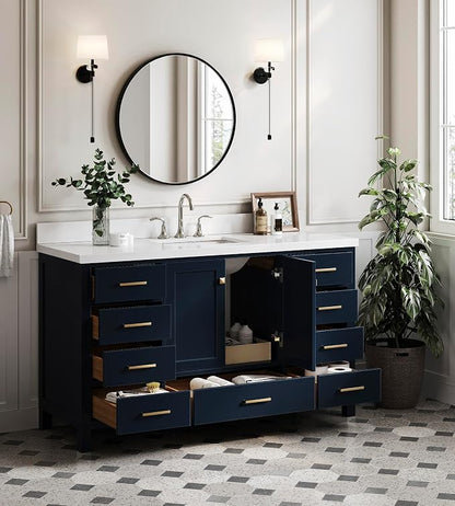 ARIEL Cambridge 60-inch Bathroom Vanity with Sink,Solid Wood, 1.5-inch Pure White Quartz Countertop, Single Rectangular Porcelain Sink, 2 Soft Closing Doors, 9 Dovetail Drawers, Midnight Blue