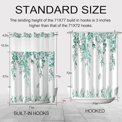 No Hook Shower Curtain and Liner Set, Teal Eucalyptus 71x77 | Floral Design, with Snap in Liner, See-Through Top Window, Waterproof, Machine Washable, Quick-Drying, for Hotel Bathroom