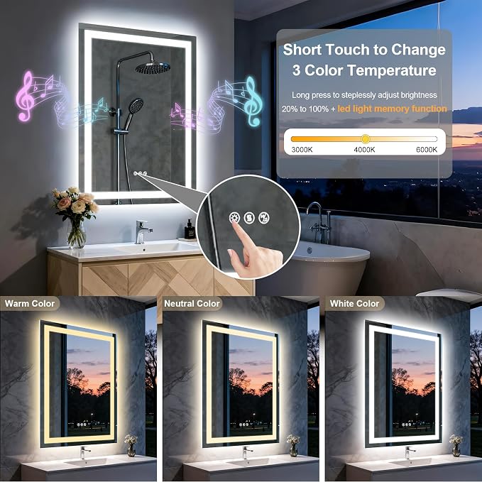 24"x32" LED Bathroom Mirror with Lights,Bluetooth Dual Speaker | Anti-Fog,3 Color Temperature,Dimmable Brightness,Memory Function,Waterproof,Wall Mount Design,Tempered Glass