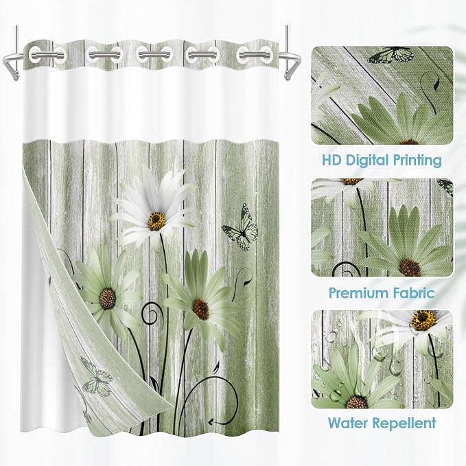 No Hook Shower Curtain with Snap in Liner 71x74 Inch Green Daisy | Farmhouse Rustic Butterfly Modern Double Layers Waterproof Fabric with See Through Top Window Open Grommet Bath Curtain