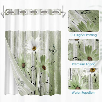 No Hook Shower Curtain with Snap in Liner 71x86 Inch Green Daisy | Farmhouse Rustic Butterfly Modern Double Layers Waterproof Fabric with See Through Top Window Open Grommet Bath Curtain