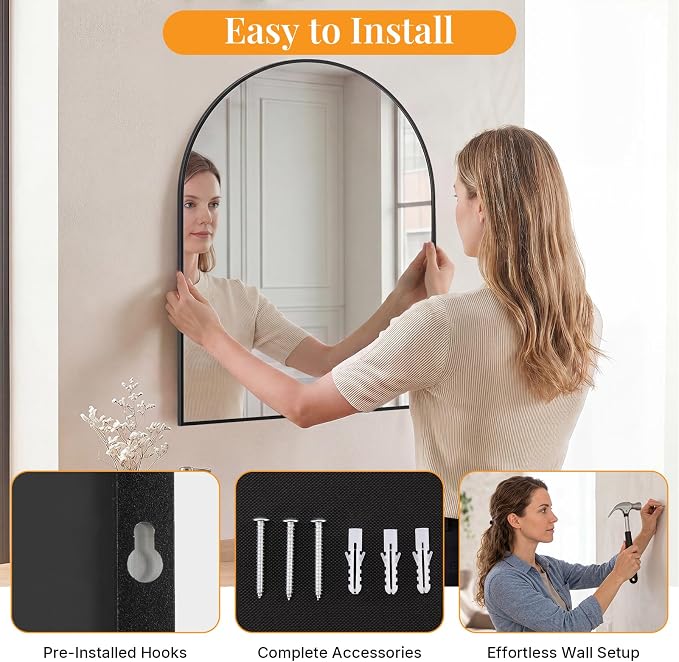 Sweetcrispy 30"x38" Arched Bathroom Mirror, Bathroom Mirrors for Over Sink | Modern Wall Mirrors Arch Decorative for Entryway, Bedroom, Vanity,Horizontal or Vertical Hanging, Black