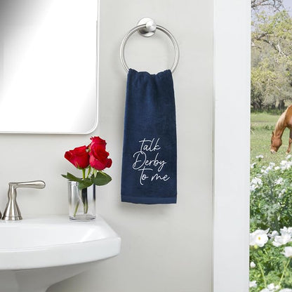 SKL Home Talk Derby 100% Cotton Embroidered 2pc Hand Towel Set, Decorative for Bath/Kitchen/Bar & Gift, Navy