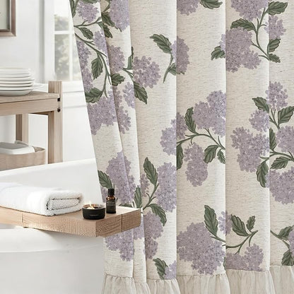 ORTIGIA Linen Textured Ruffle Shower Curtain with Metal Hooks, Vintage Purple Hydrangea Floral Boho Waterproof Bath Curtain for Rustic Farmhouse Bathroom Decor 72x72 Inch