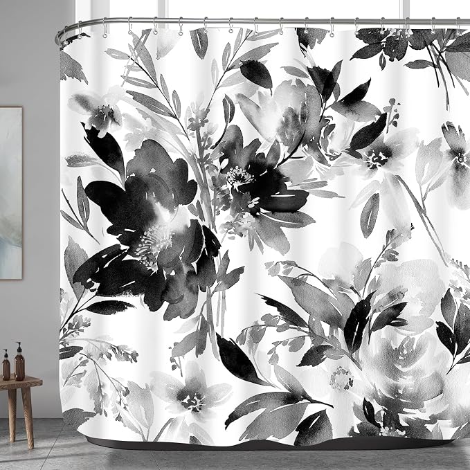 Extra Wide Flower Shower Curtain 108x72 for Claw Foot Tub, Black and White | Modern Watercolor Floral 108 inch Long Shower Curtain Set with 18 Pack Plastic C-Hooks