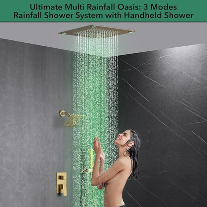 VANFOXLE Shower Faucet Set Brushed Rose Gold Four Modes Shower System,Shower Faucet with 2 in 1 Handheld,Ceiling Mount 16 Inch LED Shower Head(Rain and Waterfall)+6 Inch Shower Head