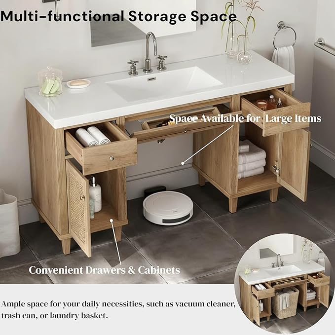 60 Inch Bathroom Vanity with Single Sink & Integrated Countertop,Large Bathroom Vanity with Rattan Doors,2 Drawers & Storage Cabinets,Gas Spring Tip-Out Tray,Soft Closing System,Solid Wood Legs