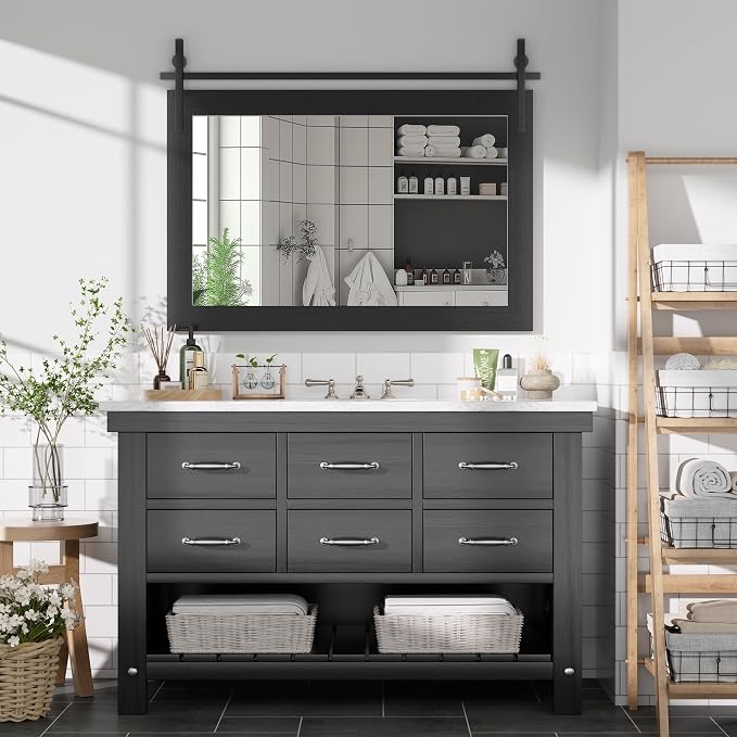Hasipu Farmhouse Bathroom Mirror, 40"x26" Rustic Wood Framed Wall Mounted Mirror, Black Vintage Vanity Mirror Barn Door Style Decrative Mirrors