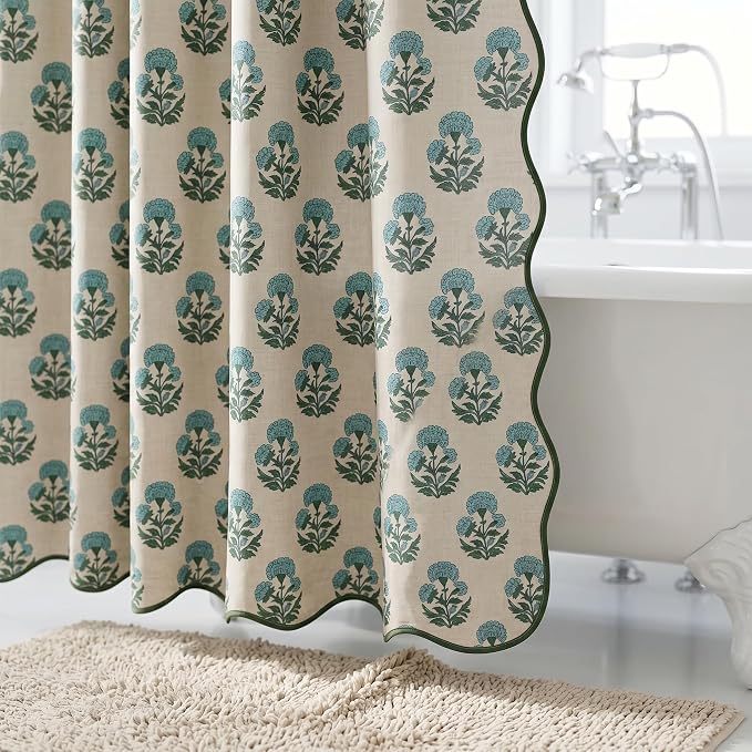Boomkin Block Print Scalloped Shower Curtain Set with 12 Hooks | Blue and Green Shower Curtain Linen Textured Cottage Core Floral Bathroom Curtain for Vintage Farmhouse Bathroom 72 x 72 Inch