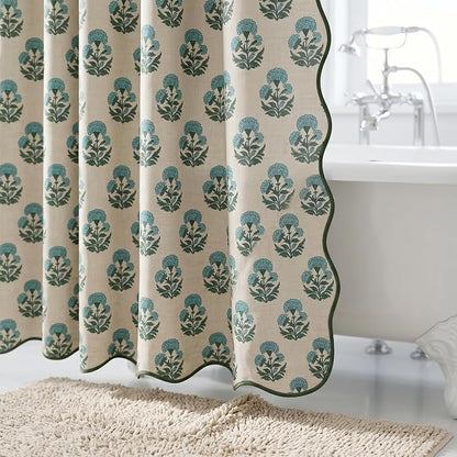 Boomkin Block Print Scalloped Shower Curtain Set with 12 Hooks | Blue and Green Shower Curtain Linen Textured Cottage Core Floral Bathroom Curtain for Vintage Farmhouse Bathroom 72 x 72 Inch