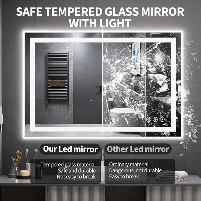 Koonmi 40x30 LED Bathroom Mirror, Shatterproof Mirror with Light | 90CRI Vanity Mirror with Anti-fog Backlit + Front Lit, 3 Color, Easy Install for Bathroom Hotel (IP65)