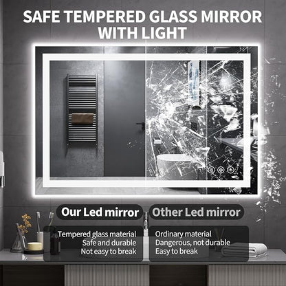 Koonmi 40x30 LED Bathroom Mirror, Shatterproof Mirror with Light | 90CRI Vanity Mirror with Anti-fog Backlit + Front Lit, 3 Color, Easy Install for Bathroom Hotel (IP65)