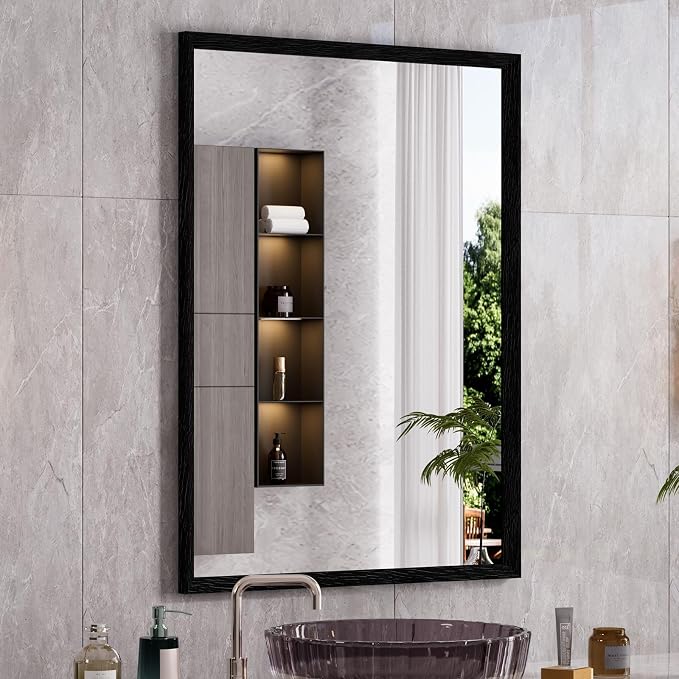 WEER Black Bathroom Mirror 22X30 Inch Rectangle | Matte Black Framed, Tempered Glass, Anti-Rust, Wall Mounted, Hangs Vertically or Horizontally