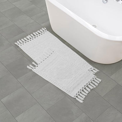French Connection Nellore Bath Rugs, Set of 2 Woven and Beaded Bath Mats, Durable and Thick Bath Mats for Bathroom and Shower Rugs, 17" x 28" and 20" x 38", White