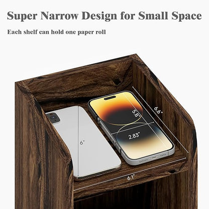 Small Bathroom Storage Cabinet, Corner Floor Cabinet with Door and Shelves, Narrow Toilet Paper Cabinet, Bathroom Organizer with Adjustable Shelf, for Small Spaces (Walnut, 5-Tier)