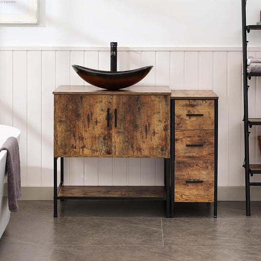 UEV 42" Rustic Brown Bathroom Vanity with Sink Combo,Industrial Iron Frame Bathroom Cabinet Sets with 3 Drawers Side Cabinet,Modern Brown Boat Tempered Glass Vessel Sink(029BR)
