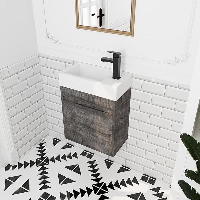 18" Wall-Mounted Floating Bathroom Vanity with Sink - Modern Vanity Cabinet for Small Bathrooms, Soft-Close Door & Waterproof Resin Countertop (Space-Saving Design)