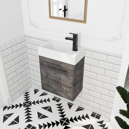 18" Wall-Mounted Floating Bathroom Vanity with Sink - Modern Vanity Cabinet for Small Bathrooms, Soft-Close Door & Waterproof Resin Countertop (Space-Saving Design)