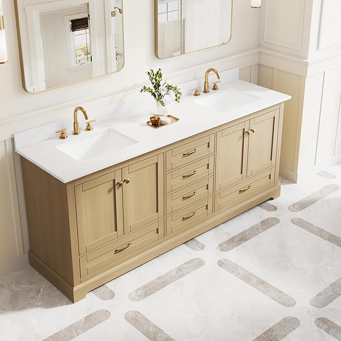 WELLFOR 80" Bathroom Vanity with Double Sinks, Bathroom Freestanding Vanity W/4 Soft-Close Doors and 6 Drawers, Large Storage Space Vanity, Cultured Marble Countertop (Oak)
