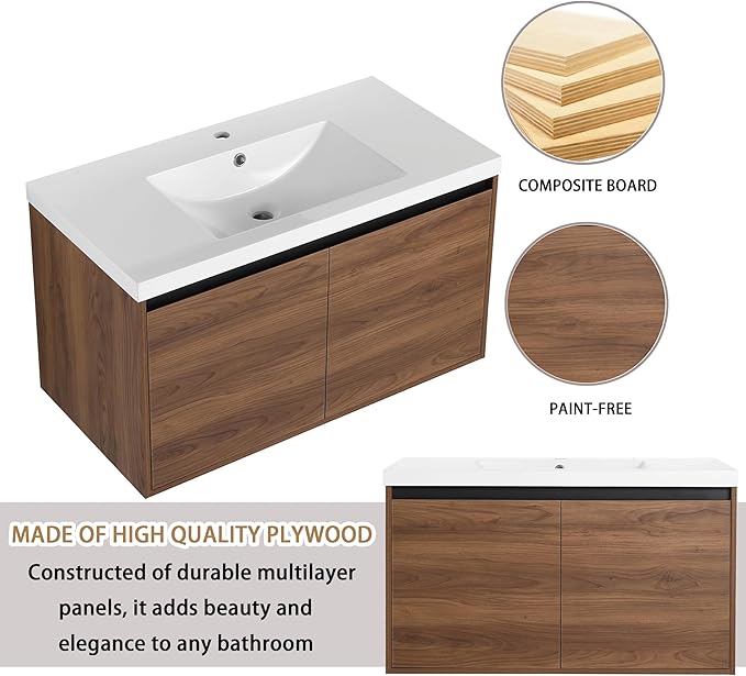 36" Floating Bathroom Vanity,36 Inch Bathroom Vanity with Sink,Single Sink Wall Mounted Vanity Combo,Dark Brown Wall Mounted Cabinet Set