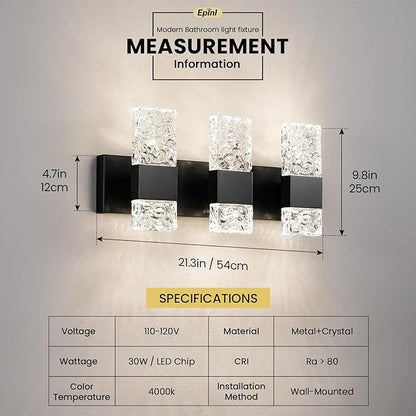 Modern Bathroom Lights - Bathroom Light Fixtures Over Mirror 30W Dimmable Crystal Wall sconces 3 Lights Black Brushed Hardwired Wall Lights 4000K LED Bathroom Vanity Light Fixtures