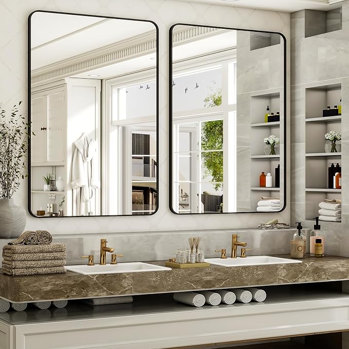 Easly 30 x 48 Inch Bathroom Mirror, Rounded Rectangular Vanity Mirror for Wall, Modern Mirror for Room Decor, Black Framed Wall-Mounted Mirrors for Home Decor, Hangs Horizontally or Vertically