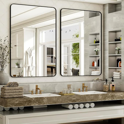 Easly 30 x 48 Inch Bathroom Mirror, Rounded Rectangular Vanity Mirror for Wall, Modern Mirror for Room Decor, Black Framed Wall-Mounted Mirrors for Home Decor, Hangs Horizontally or Vertically