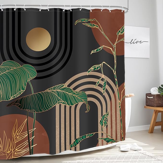 Glawry Dark Abstract Extra Long Shower Curtain Boho Mid Century Retro Tropical Palm Tree Sun Brown Modern Bathroom Simple Geometric 72Wx84L Inches Bath Accessories Art Home Decor Fabric 12 Pack Hooks