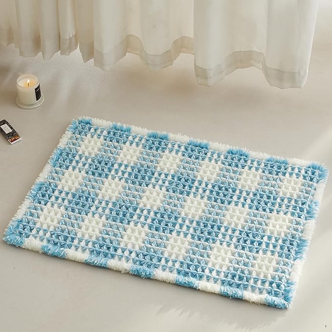 TYUU Waffle Bath Mat, Small Cute Bathroom Rug Non Slip, 24x16 Blue & White | Super Absorbent Quick Dry Bath Rug, Non-Slip Backing, Soft Waffle Washable Farmhouse Bathroom Mats, Tub, Shower & Home Decor