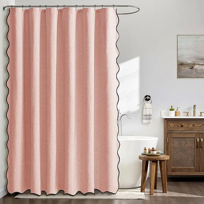 MIULEE 72"x84" Extra Long Scalloped Linen Shower Curtain Blush Pink | Linen Textured, Waterproof, Washable, 12 Metal Hooks, Heavy Duty Cloth, Black Border, Shower Curtain for Bathroom Bathtub