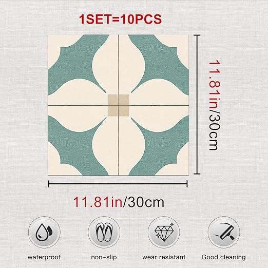 Teal Beige Geometric Peel and Stick Floor Tiles 12x12 Inch 10PCS | Teal beige cream minimalist geometric flower pattern vinyl floor stickers for kitchen bathroom entryway and indoor home decor