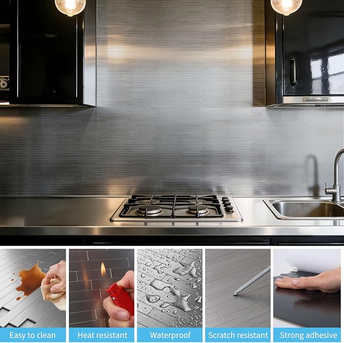 Art3d 10-Pack Metal Peel and Stick Backsplash Tile, Silver Parallel | 12" x 12", Stainless Steel, Self Adhesive, Anti-Corrosion, Waterproof, Lightweight, Ideal for Kitchens, Bathrooms