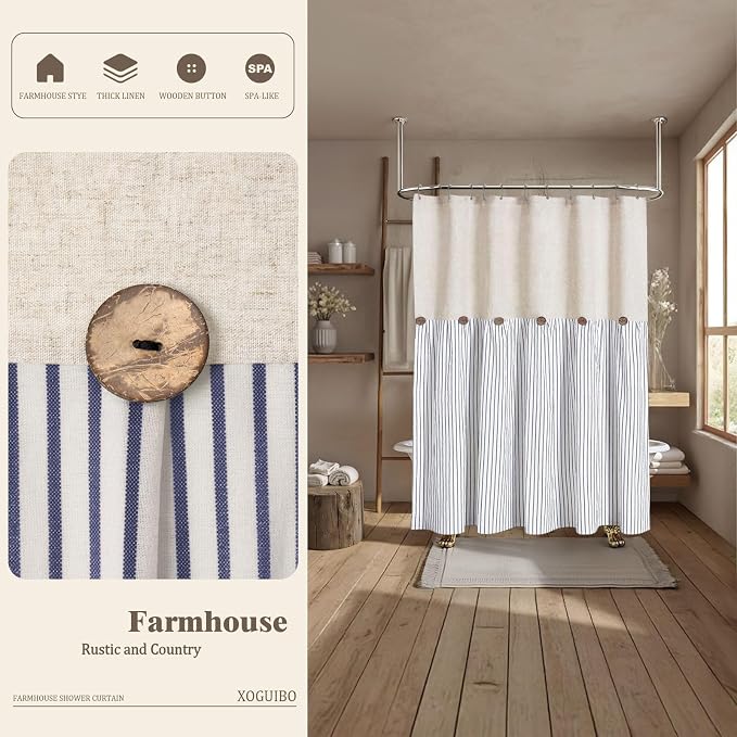 Farmhouse Shower Curtain Linen Button Blue Stripe 72" W x 72" L | Farmhouse Style, Chic Button, Striped, Linen Fabric, Rustic, Country, Natural Look, Washable, for Bathroom Bathtub