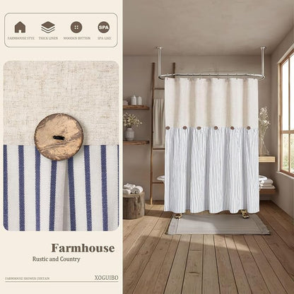 Farmhouse Shower Curtain Linen Button Blue Stripe 72" W x 72" L | Farmhouse Style, Chic Button, Striped, Linen Fabric, Rustic, Country, Natural Look, Washable, for Bathroom Bathtub