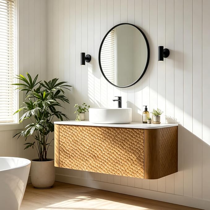 36 Inch Modern Bathroom Vanity with Ceramic Sink, Floating Bathroom Vanity Cabinet with Sintered Stone Top&Solid Wood Hammered Frame, Single Sink Bathroom Vanities w/Soft-Close Drawers,Natural