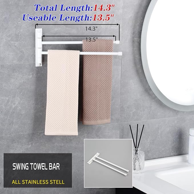 GERZWY Bathroom 2-Arm Swing Arm Towel Bars Wall Mount Stainless Steel Bath Towel Rack Hanger, White