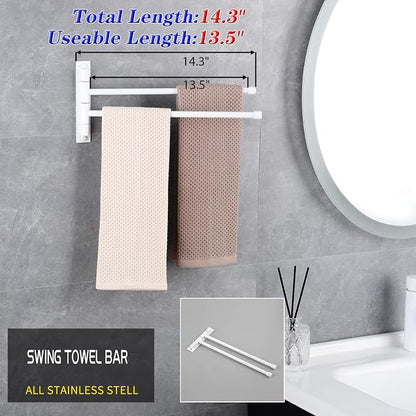 GERZWY Bathroom 2-Arm Swing Arm Towel Bars Wall Mount Stainless Steel Bath Towel Rack Hanger, White