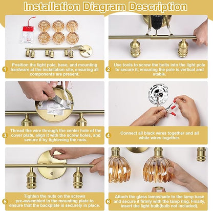 Vintage Bathroom Light Fixtures,6-Light Hardwired Vanity Lights with Clear Tulip Glass Shade,Gold Bathroom Vanity Light for Mirror Restroom,E26 Socket,40.55 in(Bulbs Not Included)