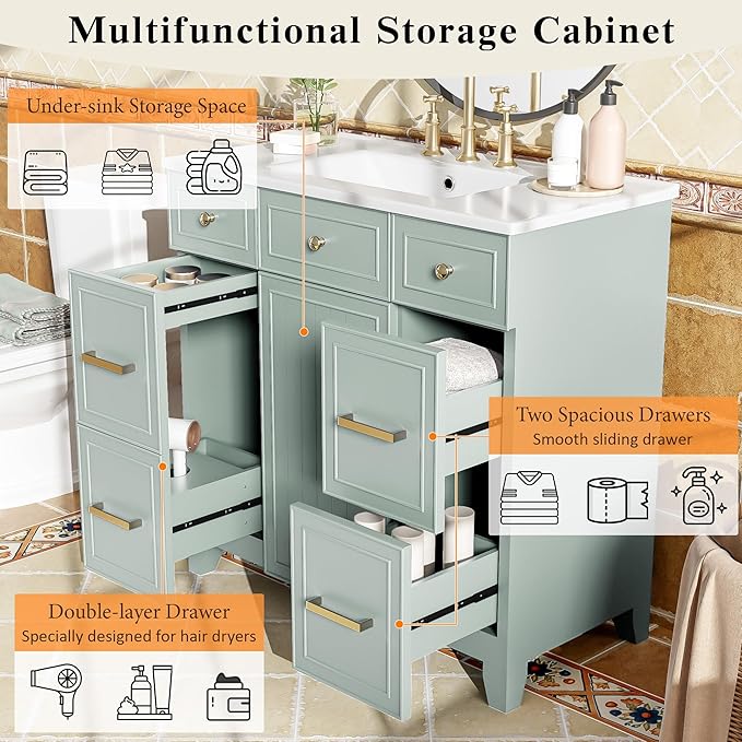 LUMISOL 36" Bathroom Vanity with Ceramic Sink, Modern Bathroom Vanity with 3 Drawers & Soft Close Doors, Solid Wood Bathroom Sink Cabinet with Undermount Basin, Gold Handles (Green)