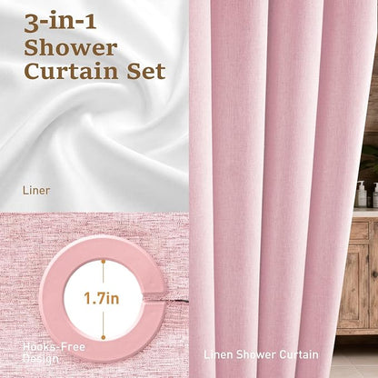 Pink Ringless Linen Textured Shower Curtain with Snap in Liner, 72x75 | 3 in 1 Hotel Shower Curtain Set, Removable Liner, Waterproof & Washable, Mesh Top Window, Durable Fabric, Easy to Install