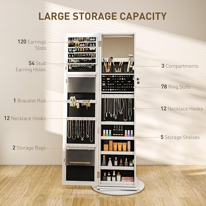 HOMCOM 360° Swivel Jewelry Cabinet Lockable with Full-Length Mirror White | Jewelry Armoire Organizer, Back Storage Shelves, Interior Small Mirror, Bedroom Living Room