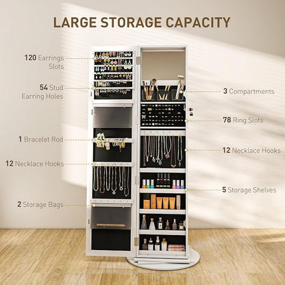 HOMCOM 360° Swivel Jewelry Cabinet Lockable with Full-Length Mirror White | Jewelry Armoire Organizer, Back Storage Shelves, Interior Small Mirror, Bedroom Living Room