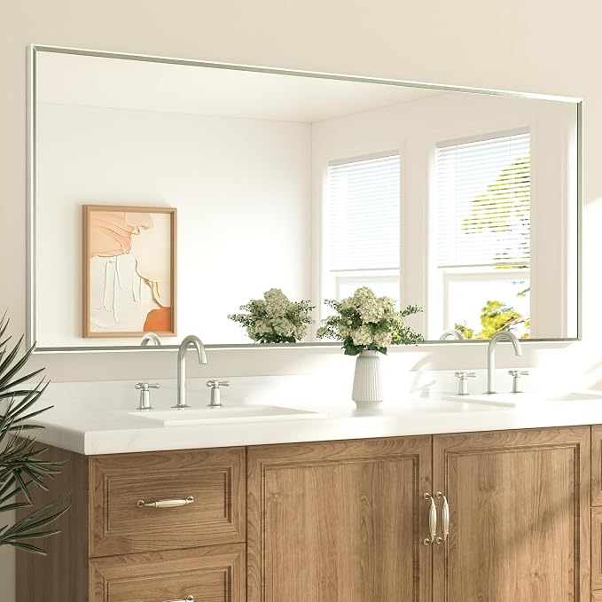Brushed Nickel Vanity Mirror for Bathroom 84" x 36" Beveled Frame Rectangle Bathroom Mirror for Over Sink Brushed Nickel, Tempered Glass, Stronger Frame, Modern Farmhouse Bedroom, Entryway