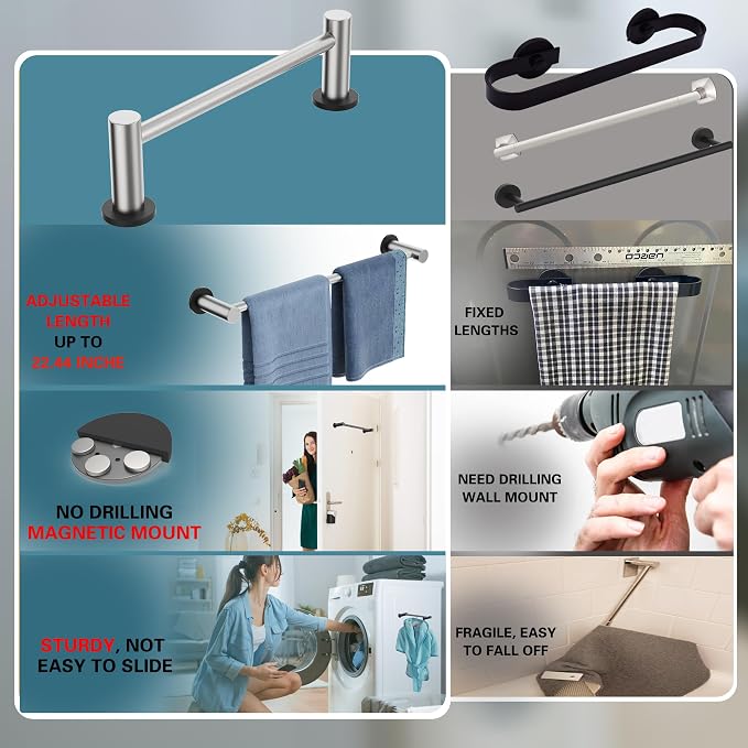 ULIBERMAGNET Magnetic Towel Holder, Magnetic Towel Rail Silver with Adjustable Length, Brushed Nickel Non-Slip Stainless Steel Towel Rail for Refrigerator, Oven, Dishwasher, Laundry (2 Pack)