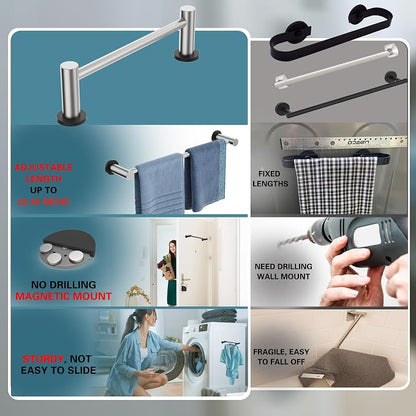 ULIBERMAGNET Magnetic Towel Holder, Magnetic Towel Rail Silver with Adjustable Length, Brushed Nickel Non-Slip Stainless Steel Towel Rail for Refrigerator, Oven, Dishwasher, Laundry (2 Pack)