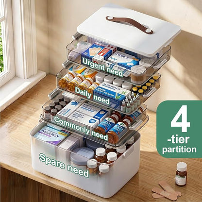 Spreezy 4-Tier Medicine Storage Box for First Aid, Craft, Art, Sewing | Portable Cabinet with Leather Handle, Lid & Clasp, Large Capacity Multifunctional Storage Box, for Home, Dorm/ Office