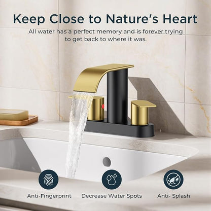 FORIOUS Bathroom Faucet 4 Inch Centerset 2 Hole Waterfall Black and Gold | Bathroom Sink Faucet 2 Handles with Pop up Drain and cUPC Hose, Lead-Free, Suitable for RV Vanity Lavatory and Restroom