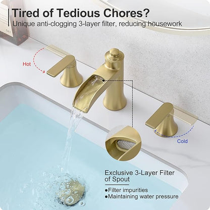 Brushed Gold Bathroom Faucet, 8 Inch Waterfall Bathroom Sink Faucet, Brass Widespread 3 Hole Bathroom Faucets, 2 Handles Faucets for Bathroom Sinks with Pop-up Drain for Vanity