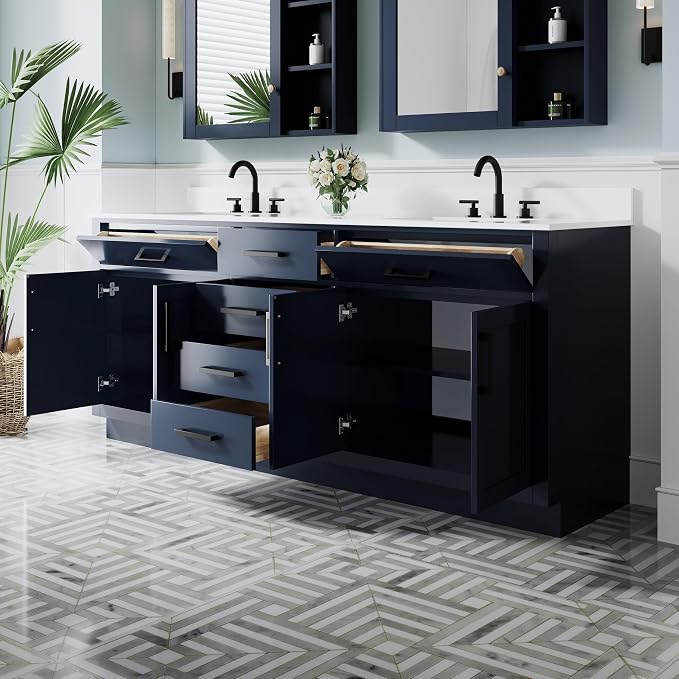 80-Inch Bathroom Vanity with Double Sinks W/ 4 Doors & 4 Drawers & 2 Flip Drawers, Navy Blue Vanity W/Matte Black Handles